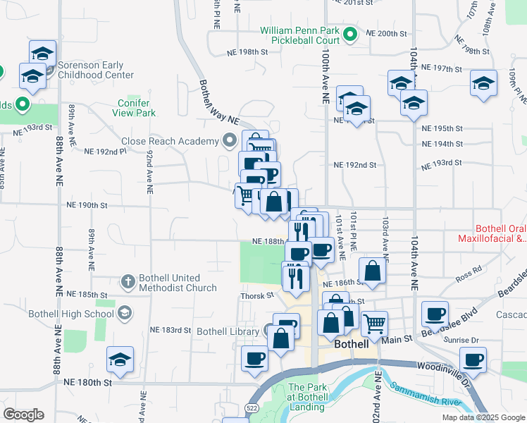 map of restaurants, bars, coffee shops, grocery stores, and more near 9625 Northeast 191st Street in Bothell