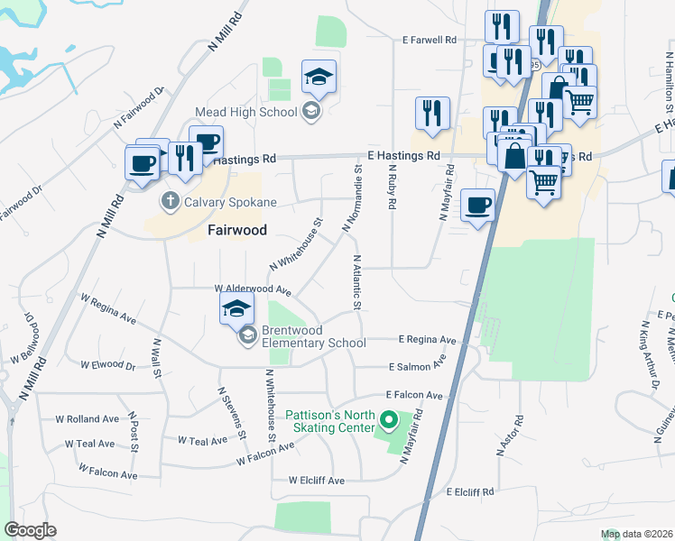 map of restaurants, bars, coffee shops, grocery stores, and more near 11914 North Normandie Street in Spokane