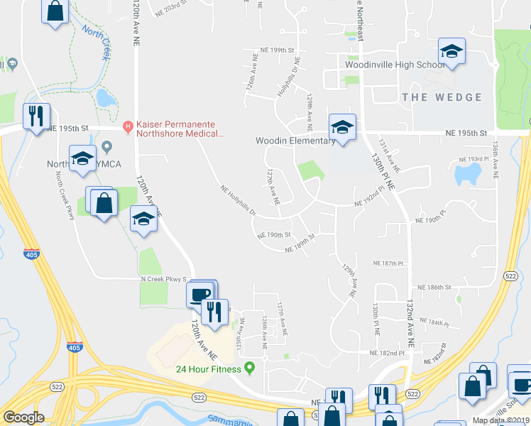 map of restaurants, bars, coffee shops, grocery stores, and more near 19217 127th Avenue Northeast in Bothell