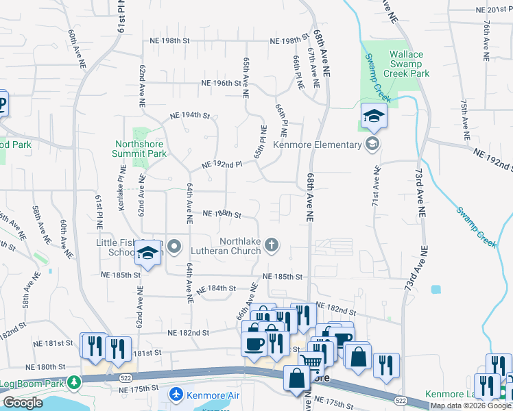 map of restaurants, bars, coffee shops, grocery stores, and more near 18846 66th Avenue Northeast in Kenmore