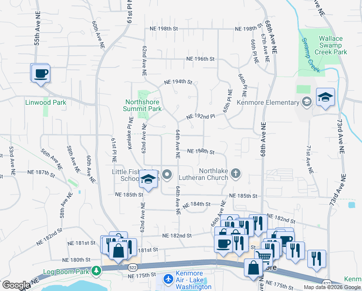 map of restaurants, bars, coffee shops, grocery stores, and more near in Kenmore