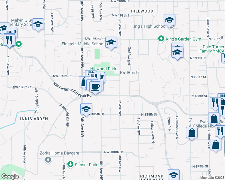 map of restaurants, bars, coffee shops, grocery stores, and more near 321 Northwest 189th Street in Shoreline