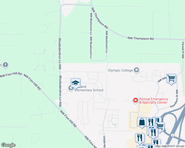 map of restaurants, bars, coffee shops, grocery stores, and more near 1447 Northwest Mushroom Lane in Poulsbo