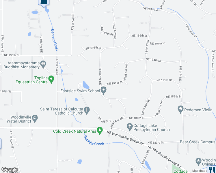 map of restaurants, bars, coffee shops, grocery stores, and more near 18119 Northeast 191st Street in Woodinville