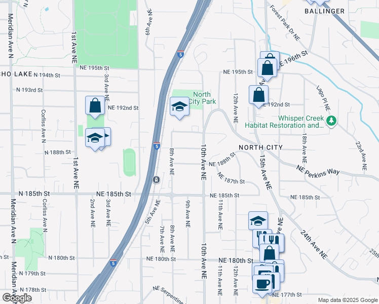 map of restaurants, bars, coffee shops, grocery stores, and more near 822 Northeast 189th Street in Shoreline