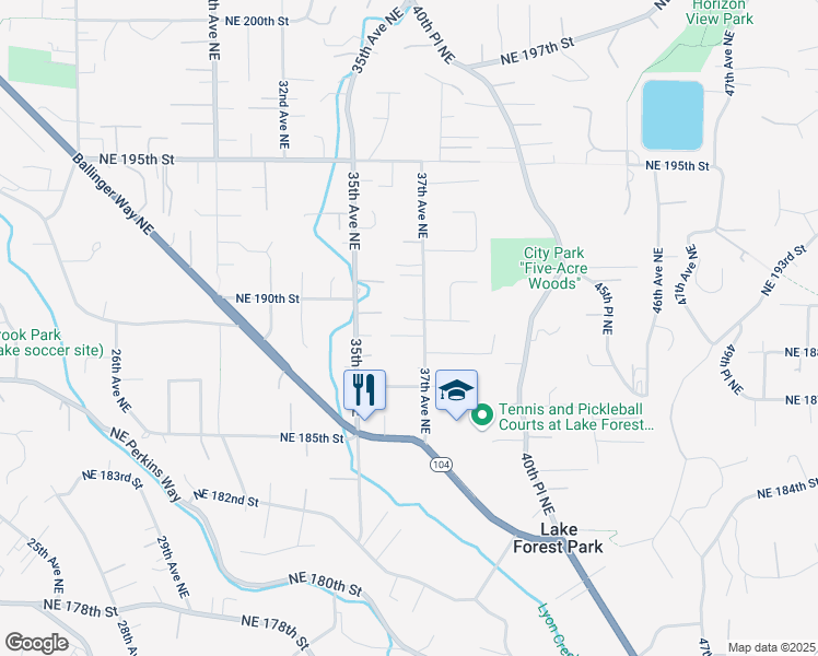map of restaurants, bars, coffee shops, grocery stores, and more near 3601 Northeast 189th Place in Lake Forest Park