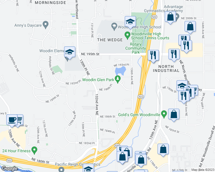 map of restaurants, bars, coffee shops, grocery stores, and more near 13312 Northeast 190th Place in Woodinville