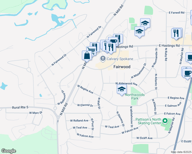 map of restaurants, bars, coffee shops, grocery stores, and more near 705 West Bellwood Drive in Spokane