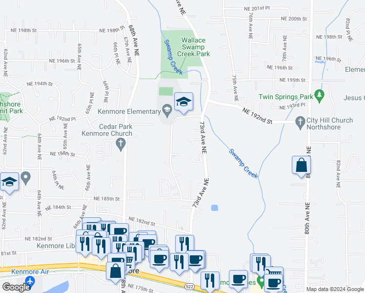 map of restaurants, bars, coffee shops, grocery stores, and more near 7121 Northeast 190th Street in Bothell