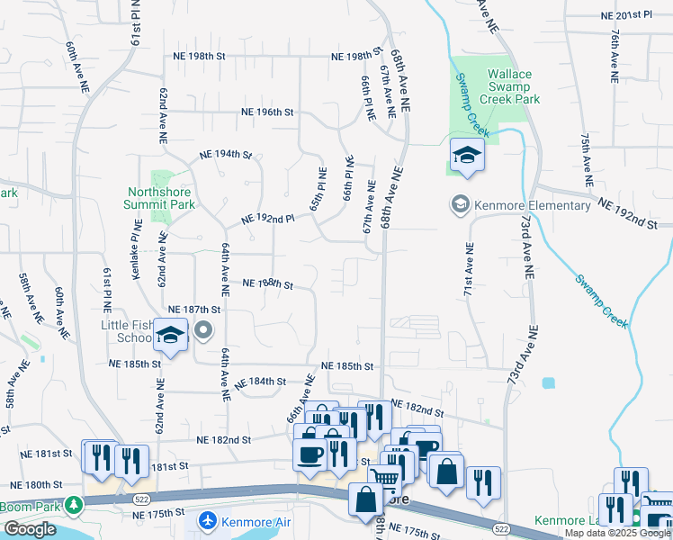map of restaurants, bars, coffee shops, grocery stores, and more near 18915 67th Avenue Northeast in Kenmore