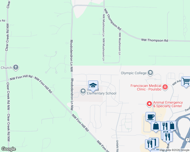 map of restaurants, bars, coffee shops, grocery stores, and more near 1463 Northwest Mushroom Lane in Poulsbo