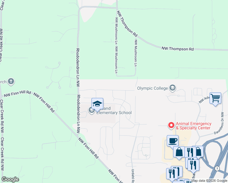 map of restaurants, bars, coffee shops, grocery stores, and more near 1463 Northwest Mushroom Lane in Poulsbo