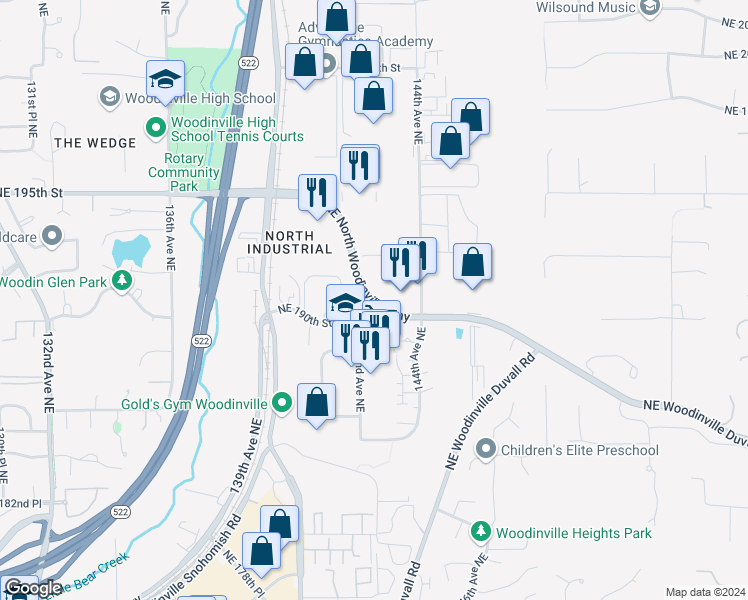 map of restaurants, bars, coffee shops, grocery stores, and more near 14298 142nd Avenue Northeast in Woodinville