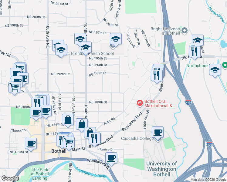 map of restaurants, bars, coffee shops, grocery stores, and more near 19014 Bertha Street in Bothell