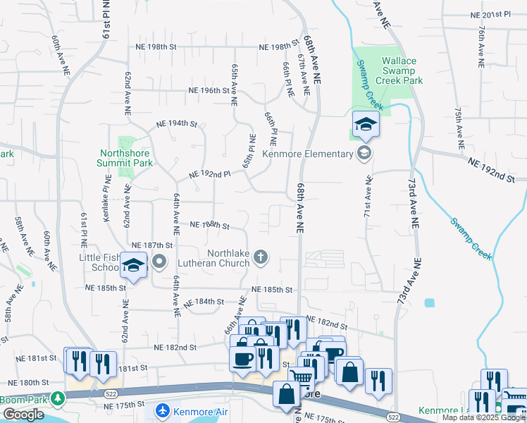 map of restaurants, bars, coffee shops, grocery stores, and more near 18915 67th Avenue Northeast in Kenmore