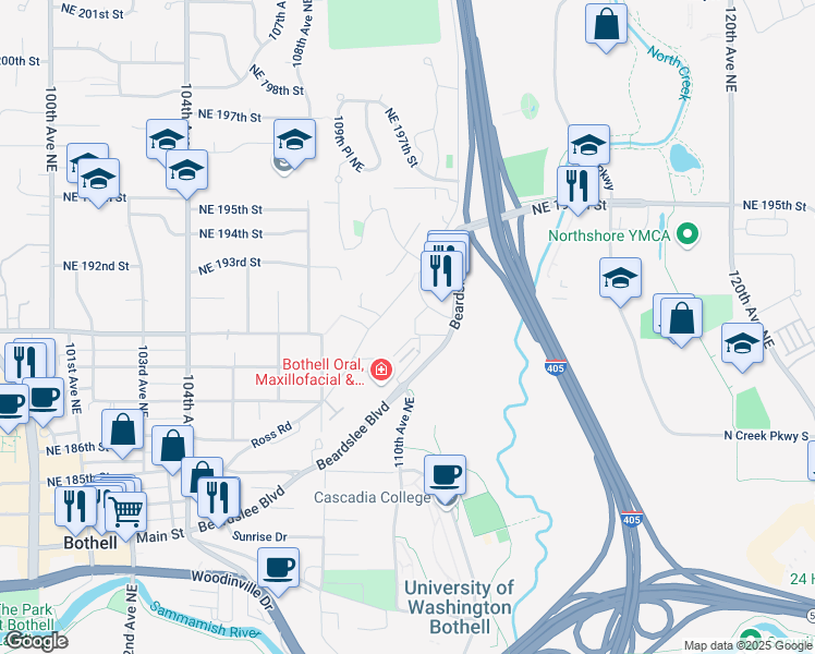 map of restaurants, bars, coffee shops, grocery stores, and more near 19121 112th Avenue Northeast in Bothell