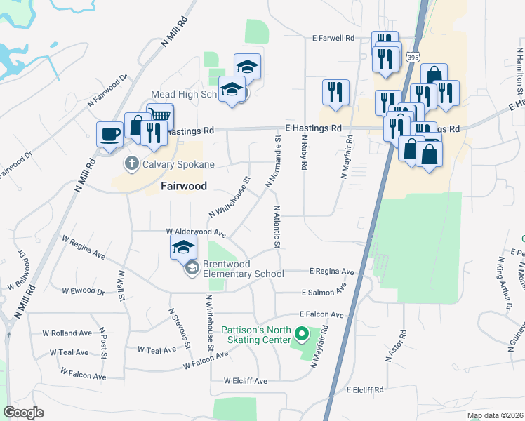 map of restaurants, bars, coffee shops, grocery stores, and more near 11914 North Normandie Street in Spokane