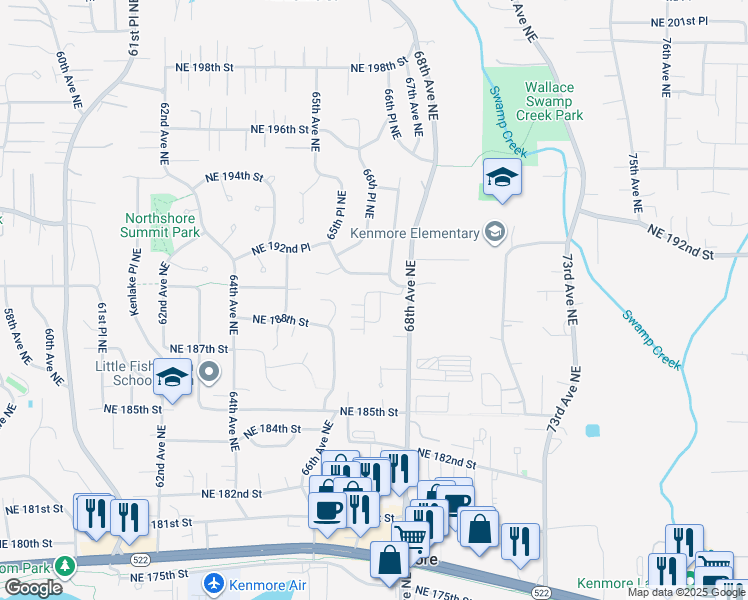 map of restaurants, bars, coffee shops, grocery stores, and more near 18915 67th Ave NE in Kenmore