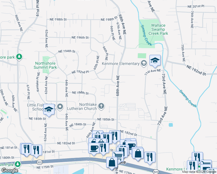 map of restaurants, bars, coffee shops, grocery stores, and more near 18915 67th Avenue Northeast in Kenmore