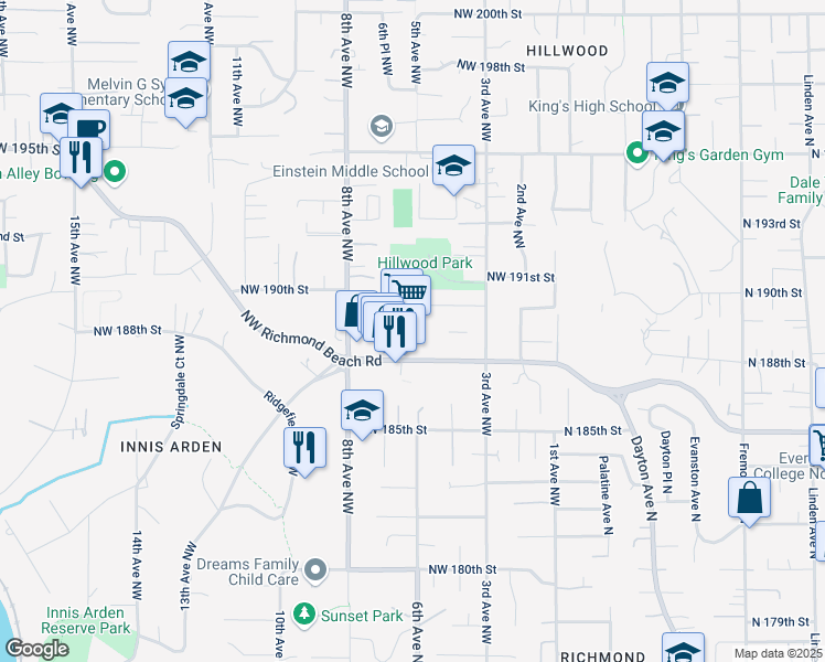 map of restaurants, bars, coffee shops, grocery stores, and more near 600 Northwest Richmond Beach Road in Shoreline