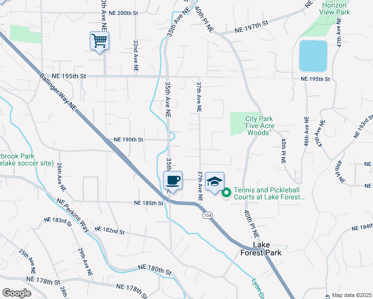 map of restaurants, bars, coffee shops, grocery stores, and more near 3601 Northeast 189th Place in Lake Forest Park