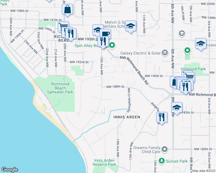 map of restaurants, bars, coffee shops, grocery stores, and more near 1430 Northwest 188th Street in Shoreline