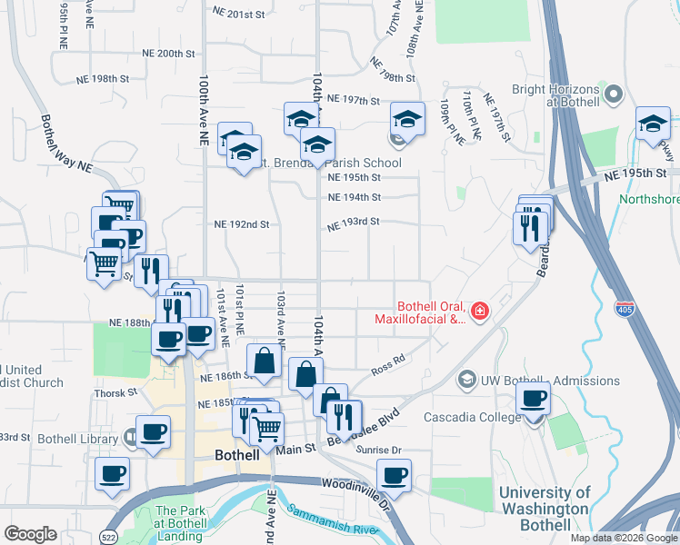 map of restaurants, bars, coffee shops, grocery stores, and more near 10408 Northeast 190th Street in Bothell