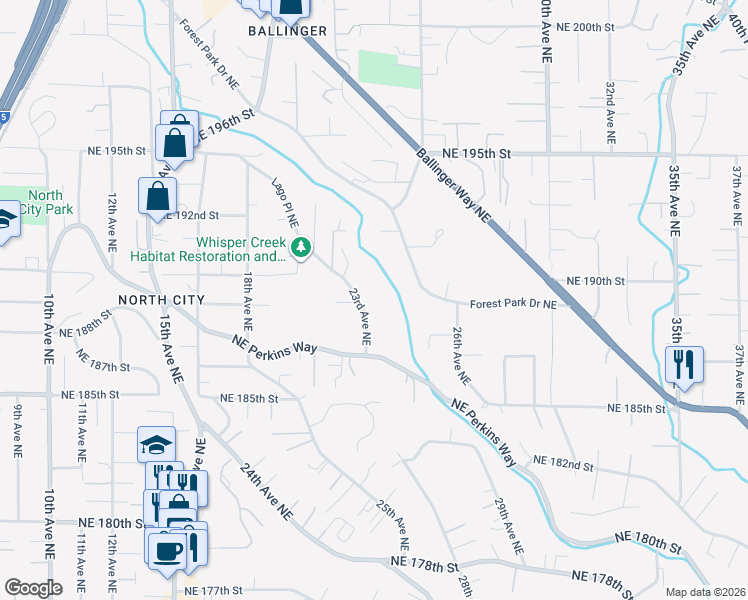 map of restaurants, bars, coffee shops, grocery stores, and more near 18924 23rd Avenue Northeast in Lake Forest Park