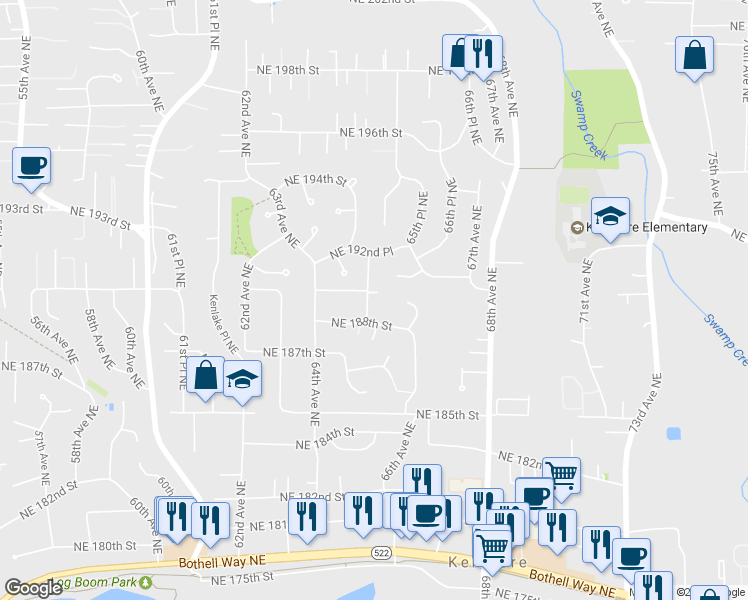 map of restaurants, bars, coffee shops, grocery stores, and more near 18820 65th Avenue Northeast in Kenmore