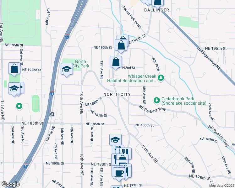 map of restaurants, bars, coffee shops, grocery stores, and more near 15th Ave NE & NE Perkins Way in Shoreline