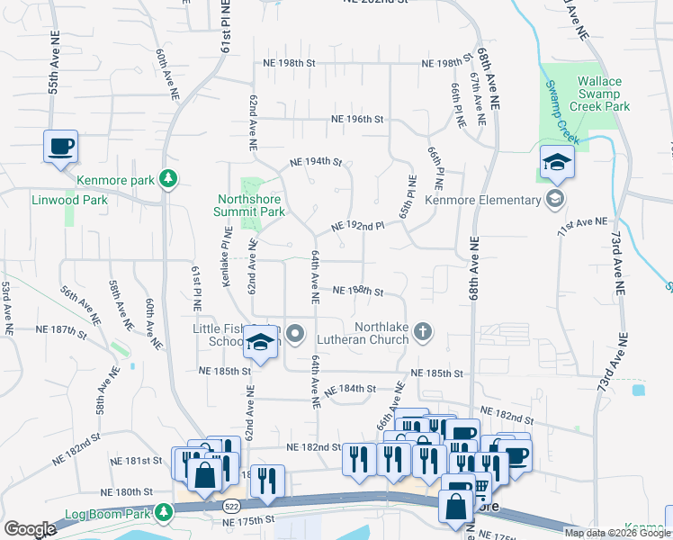 map of restaurants, bars, coffee shops, grocery stores, and more near 6417 Northeast 190th Street in Kenmore