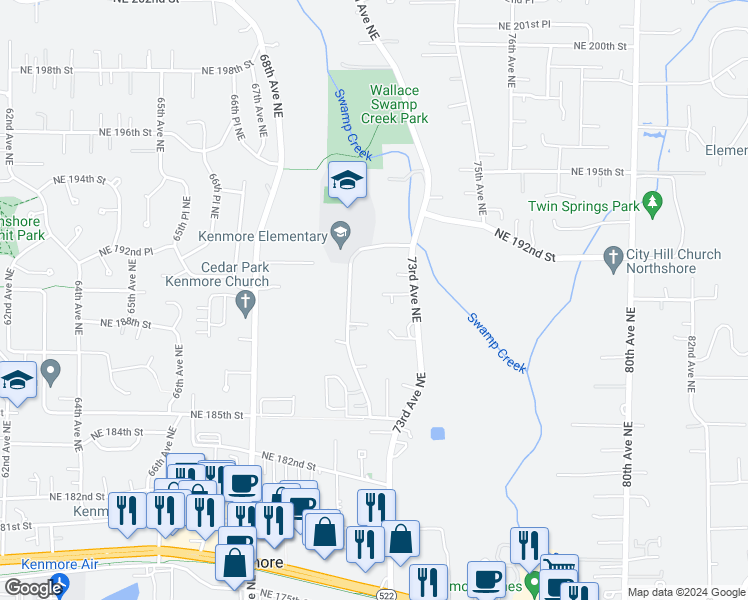 map of restaurants, bars, coffee shops, grocery stores, and more near 7121 Northeast 190th Street in Bothell