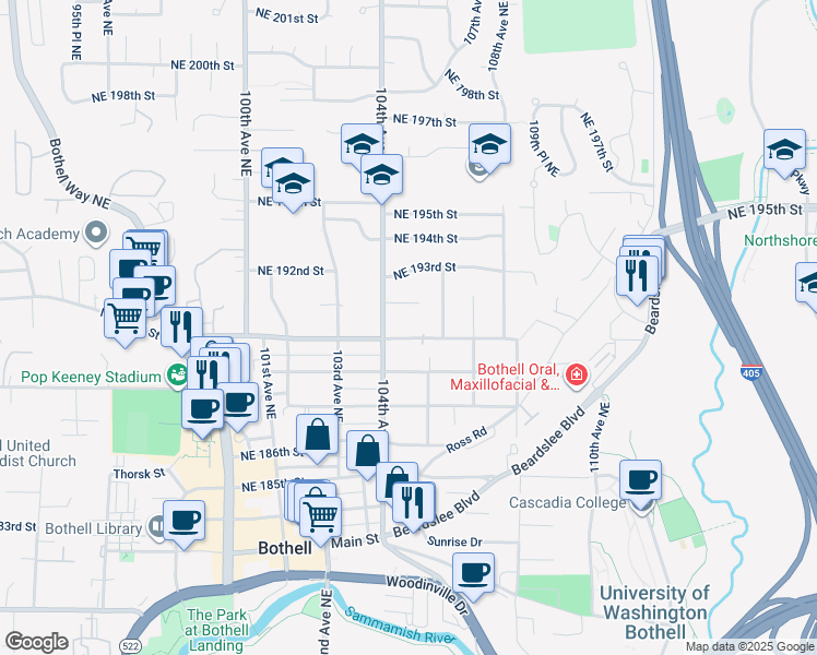 map of restaurants, bars, coffee shops, grocery stores, and more near 10408 Northeast 190th Street in Bothell