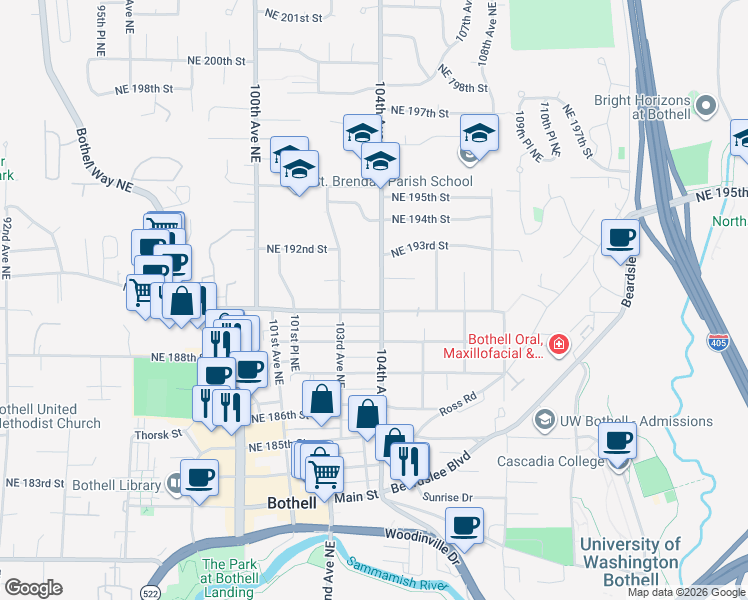 map of restaurants, bars, coffee shops, grocery stores, and more near 19011 104th Avenue Northeast in Bothell