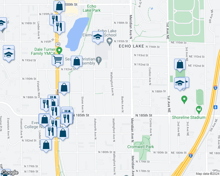 map of restaurants, bars, coffee shops, grocery stores, and more near 18815 Wallingford Avenue North in Shoreline
