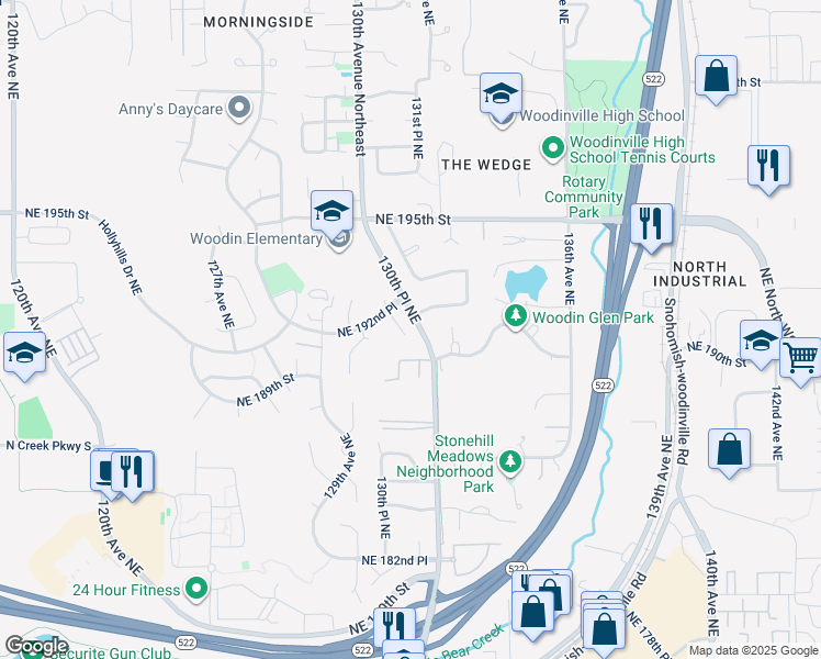 map of restaurants, bars, coffee shops, grocery stores, and more near 19158 130th Court Northeast in Bothell