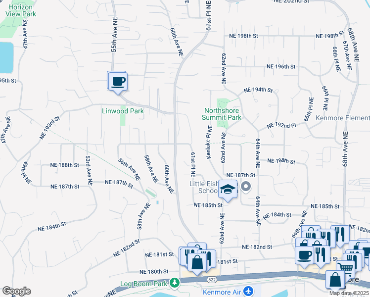 map of restaurants, bars, coffee shops, grocery stores, and more near 6115 Northeast 190th Street in Kenmore