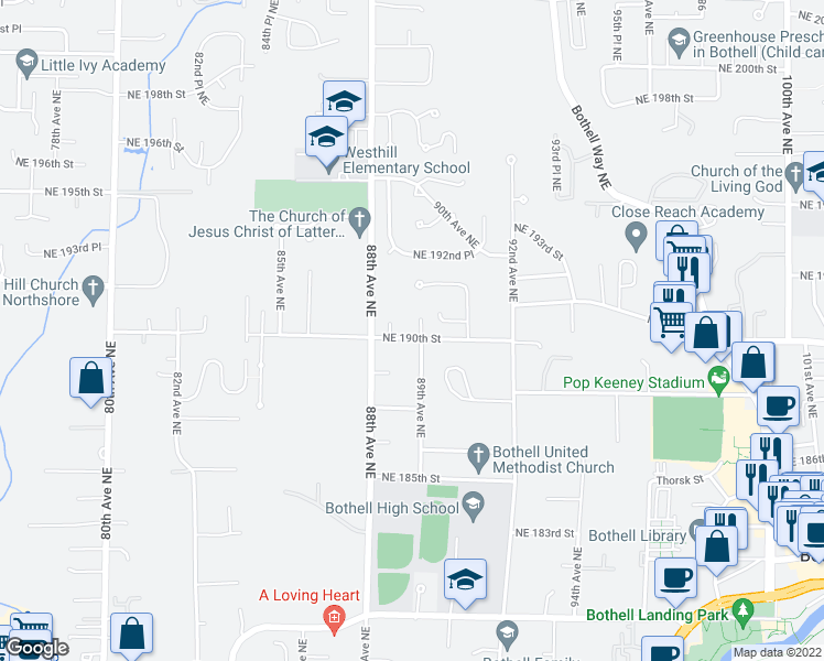 map of restaurants, bars, coffee shops, grocery stores, and more near 19001 89th Place Northeast in Bothell