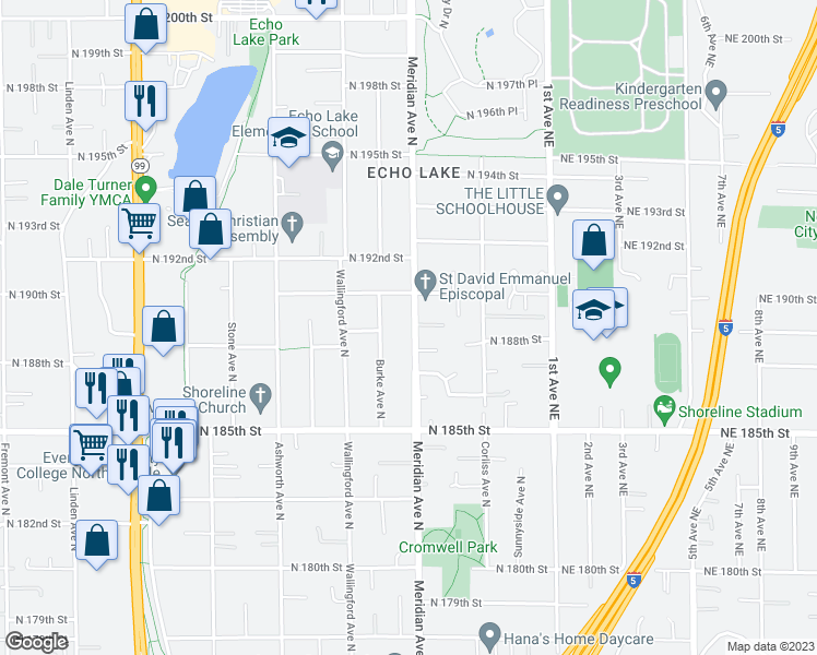 map of restaurants, bars, coffee shops, grocery stores, and more near 18821 Meridian Avenue North in Shoreline