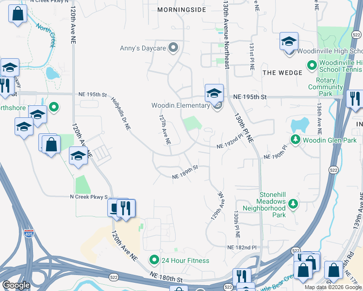 map of restaurants, bars, coffee shops, grocery stores, and more near 12727 Northeast 192nd Place in Bothell
