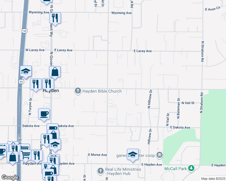 map of restaurants, bars, coffee shops, grocery stores, and more near 670 East Miles Avenue in Hayden