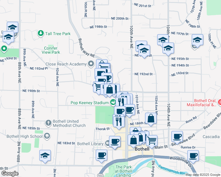 map of restaurants, bars, coffee shops, grocery stores, and more near 19016 Bothell Way Northeast in Bothell