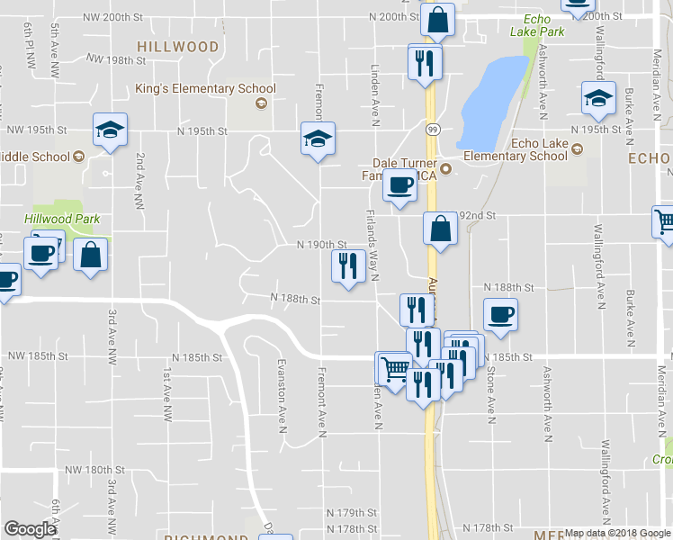 map of restaurants, bars, coffee shops, grocery stores, and more near 18834 Fremont Avenue North in Seattle