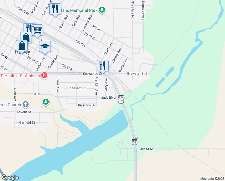 map of restaurants, bars, coffee shops, grocery stores, and more near State Highway 3 in Harvey