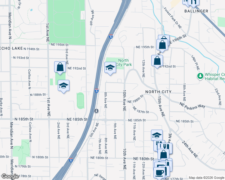 map of restaurants, bars, coffee shops, grocery stores, and more near 822 Northeast 189th Street in Shoreline