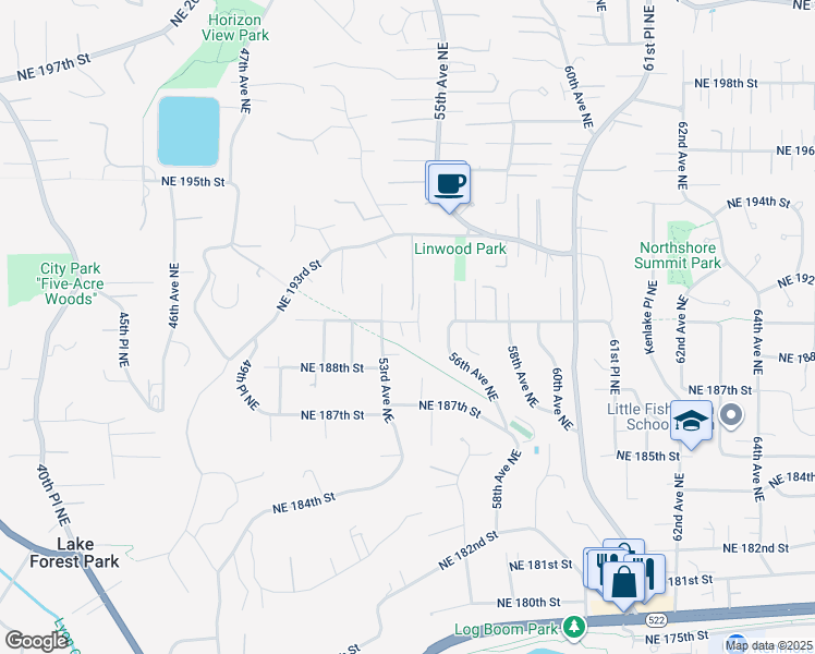 map of restaurants, bars, coffee shops, grocery stores, and more near 5325 Northeast 190th Street in Lake Forest Park