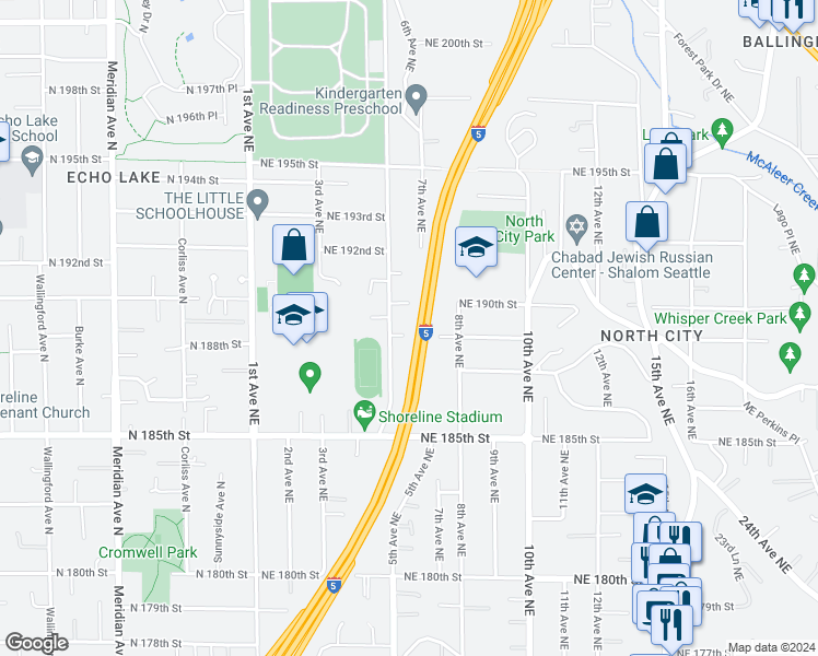 map of restaurants, bars, coffee shops, grocery stores, and more near 514 Northeast 189th Street in Shoreline