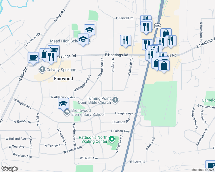 map of restaurants, bars, coffee shops, grocery stores, and more near 11903 North Ruby Road in Spokane