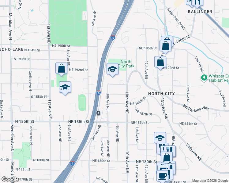 map of restaurants, bars, coffee shops, grocery stores, and more near 822 Northeast 189th Street in Shoreline