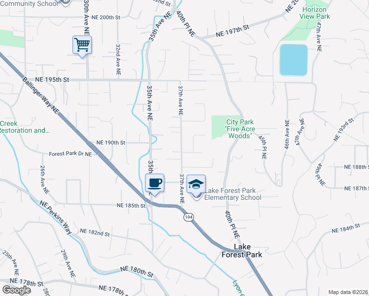 map of restaurants, bars, coffee shops, grocery stores, and more near 18908 37th Avenue Northeast in Lake Forest Park